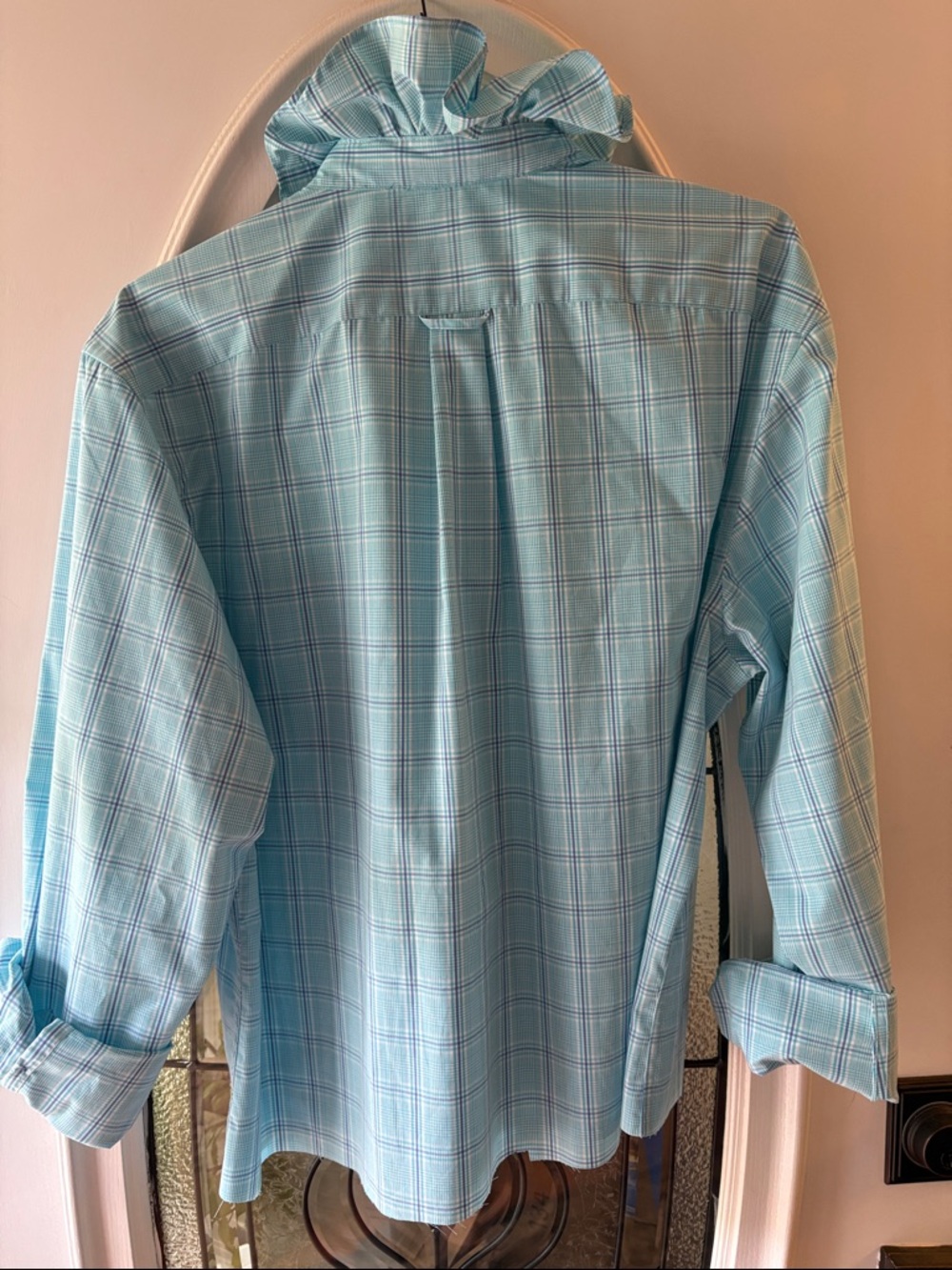 Izod up-cycled ruffle collar shirt Light Blue Plaid Button-Down Shirt - Picture 3 of 4